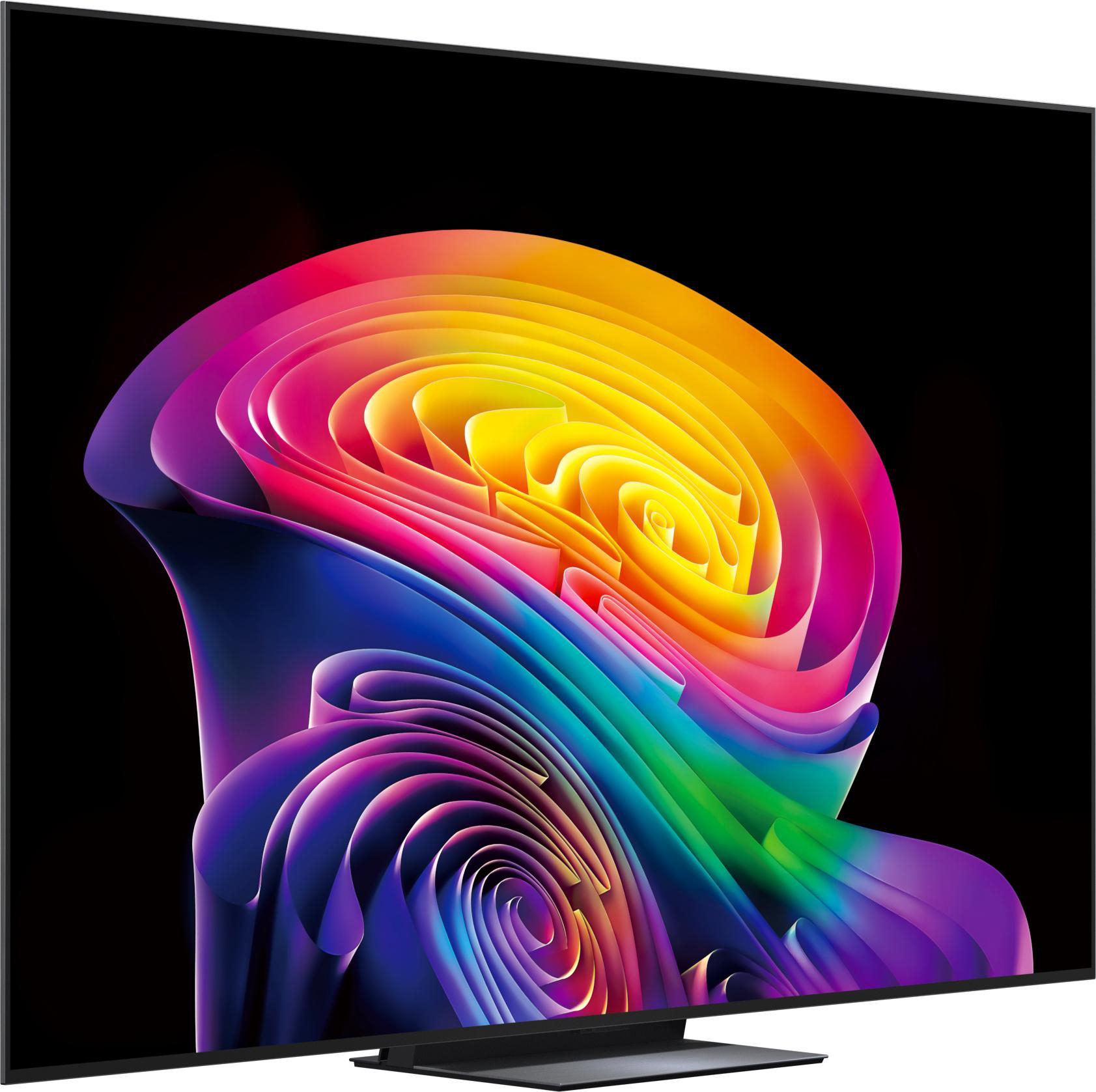Ein moderner Fernseher mit einem lebendigen, abstrakten Regenbogenmuster auf dem Bildschirm.