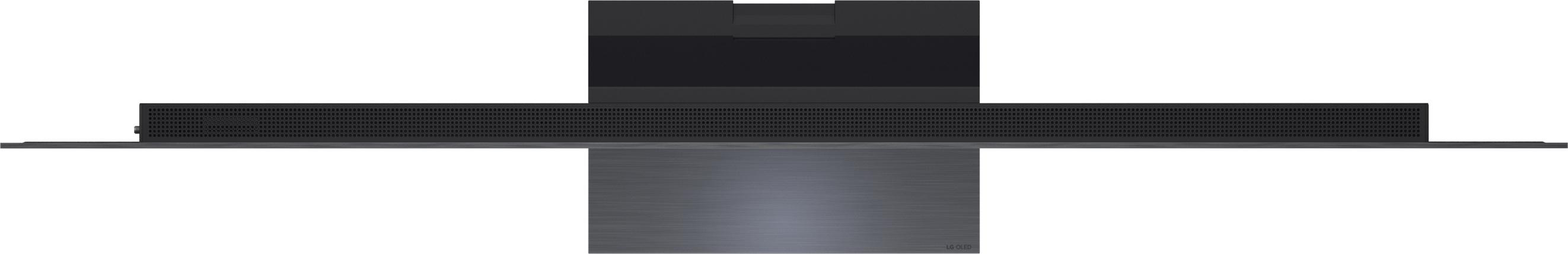 Schwarzer Fernseher mit schmalem Rahmen und Metallständer. Oben auf dem Ständer.