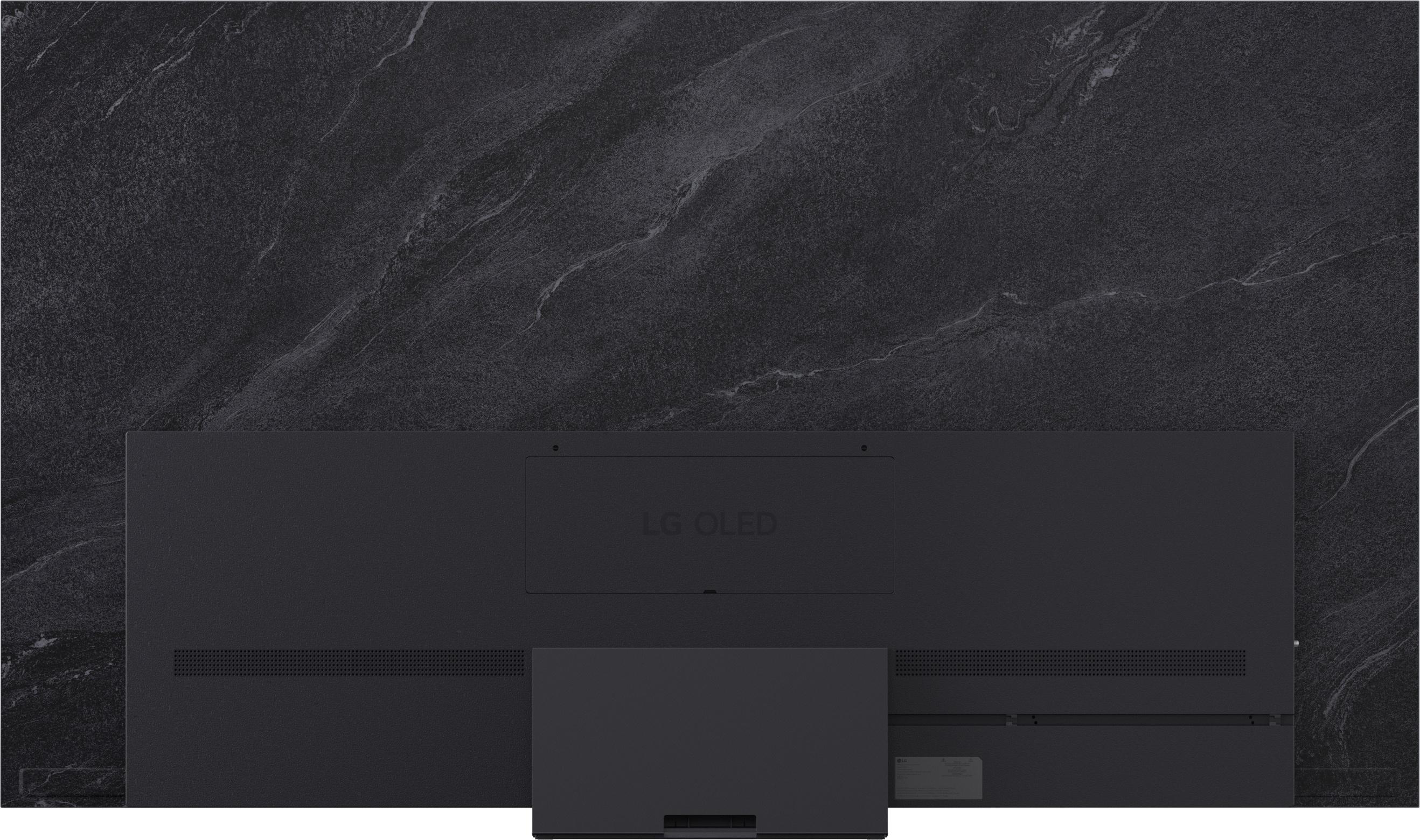 Rückseite eines schwarzen LG OLED Fernsehers mit Marmormuster-Hintergrund.