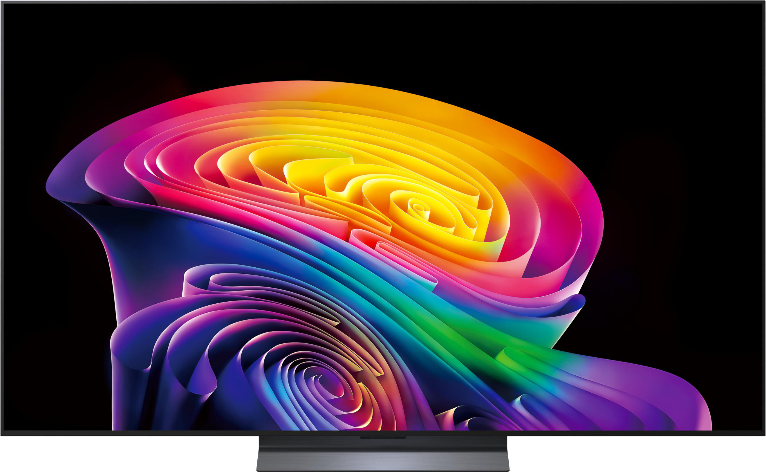 Abstrakte, gewundene Formen in Regenbogenfarben auf schwarzem Hintergrund.