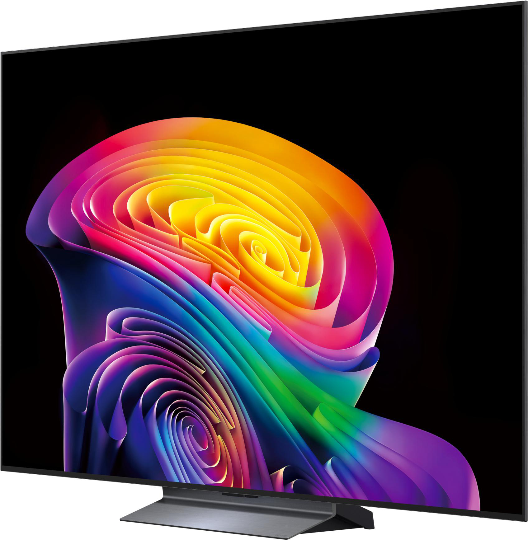 Ein moderner Fernseher zeigt ein abstraktes, farbenfrohes Muster aus geschwungenen Bändern.