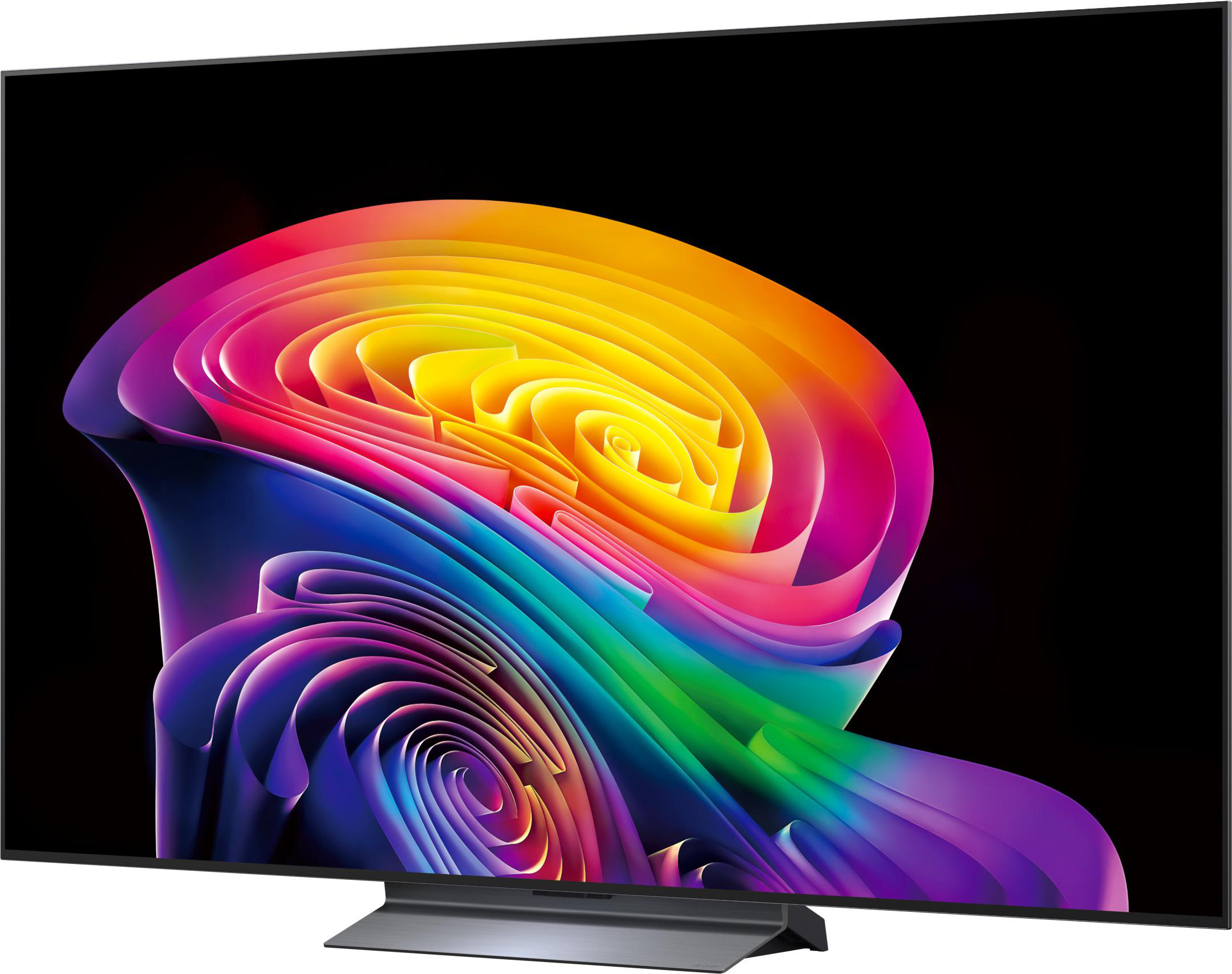 Ein moderner Fernseher mit einem bunten, abstrakten Muster auf dem Bildschirm.