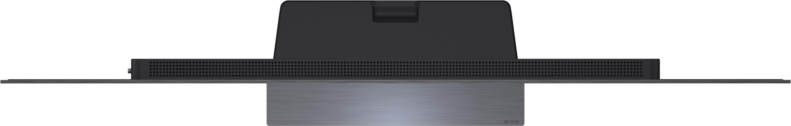 Rückseite eines schwarzen Fernsehers mit gebürstetem Metallsockel und LG OLED-Logo.