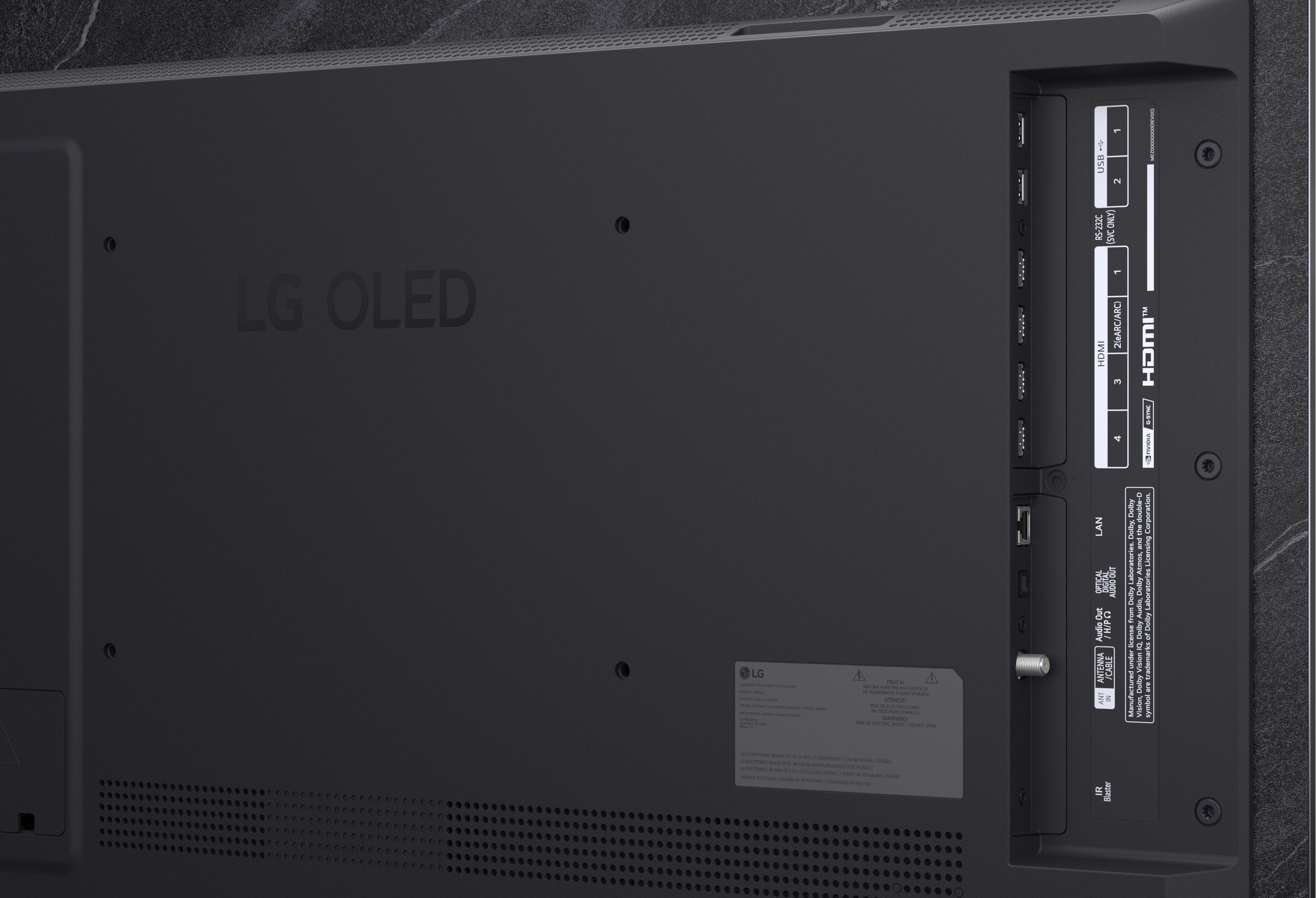 Rückseite eines schwarzen Fernsehgeräts mit Anschlüssen und LG OLED-Logo.