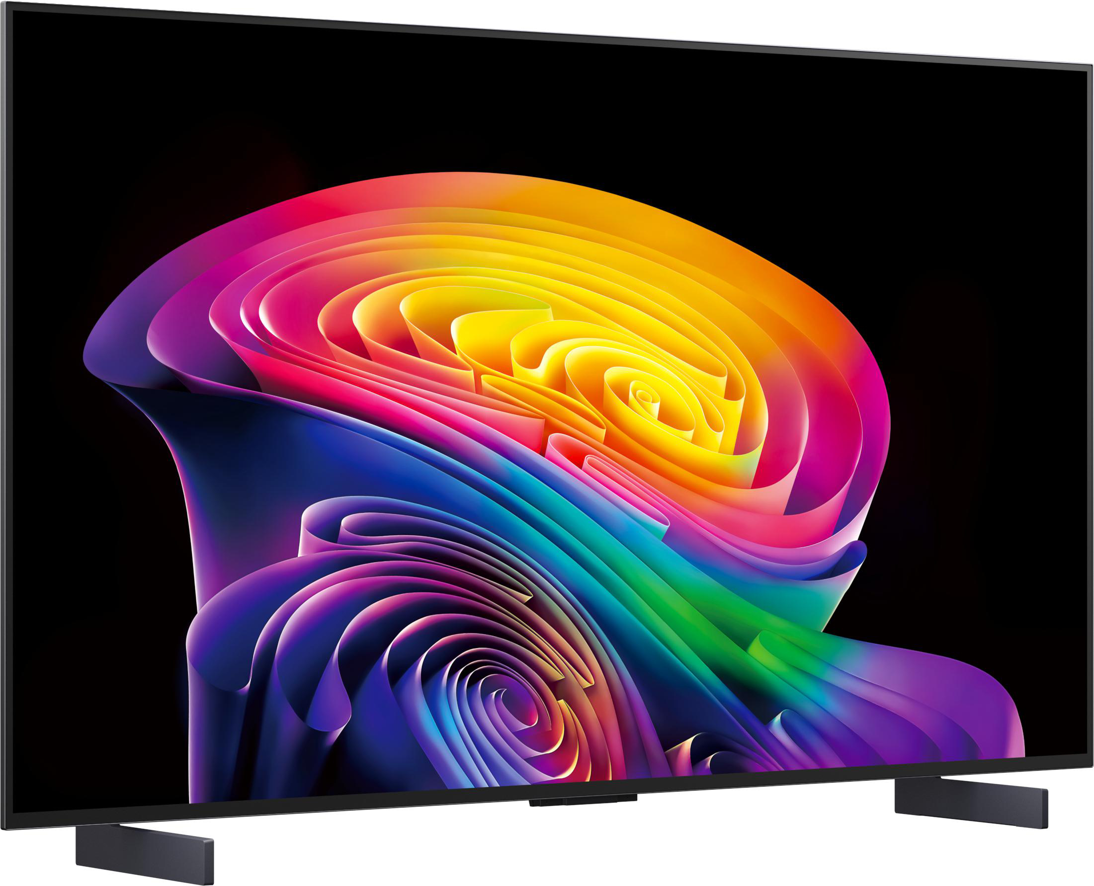 Ein moderner Fernseher mit einem lebendigen, abstrakten Regenbogenmuster auf dem Bildschirm.
