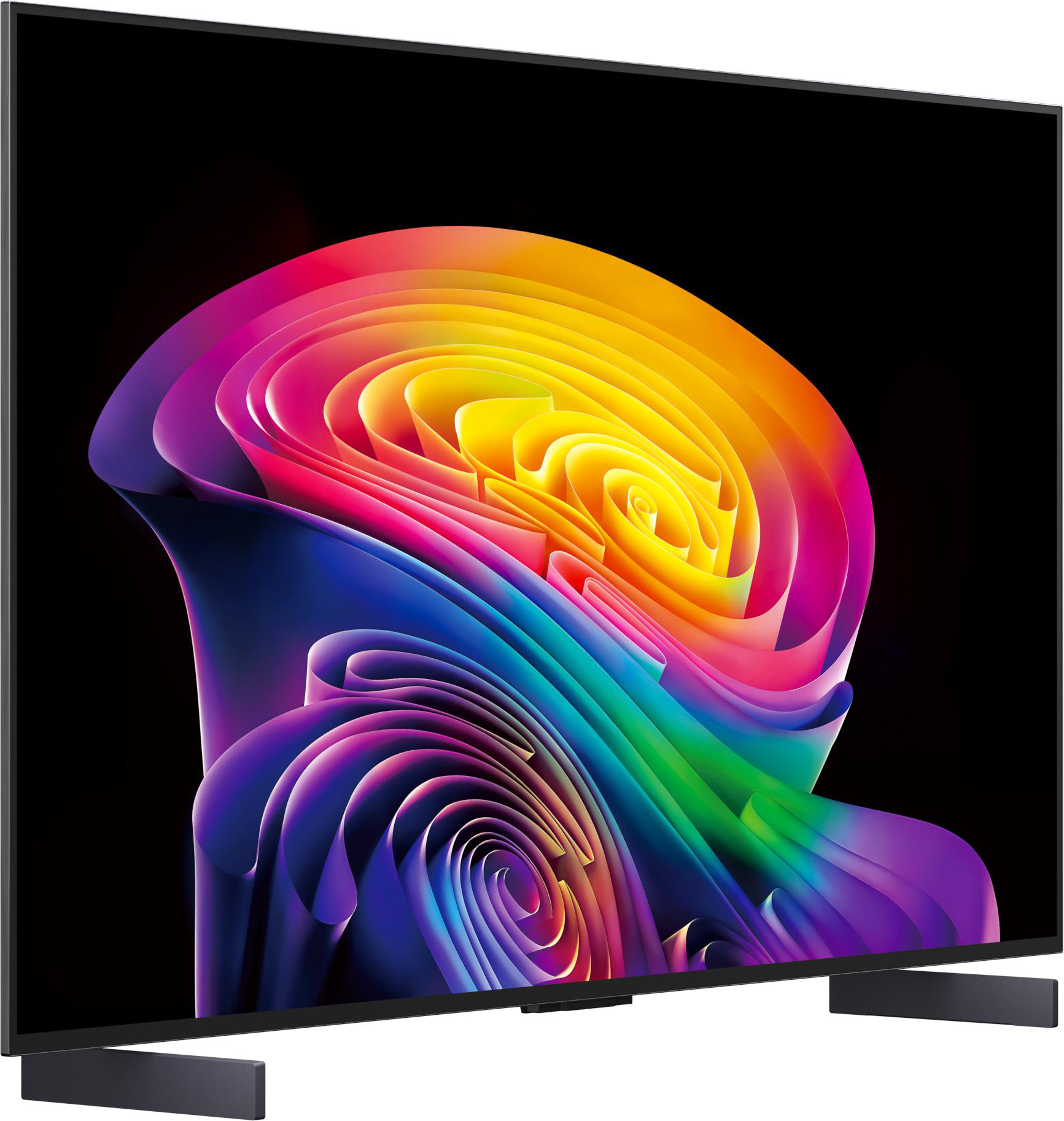 Ein moderner Fernseher zeigt eine abstrakte, regenbogenfarbene Grafik auf schwarzem Hintergrund.