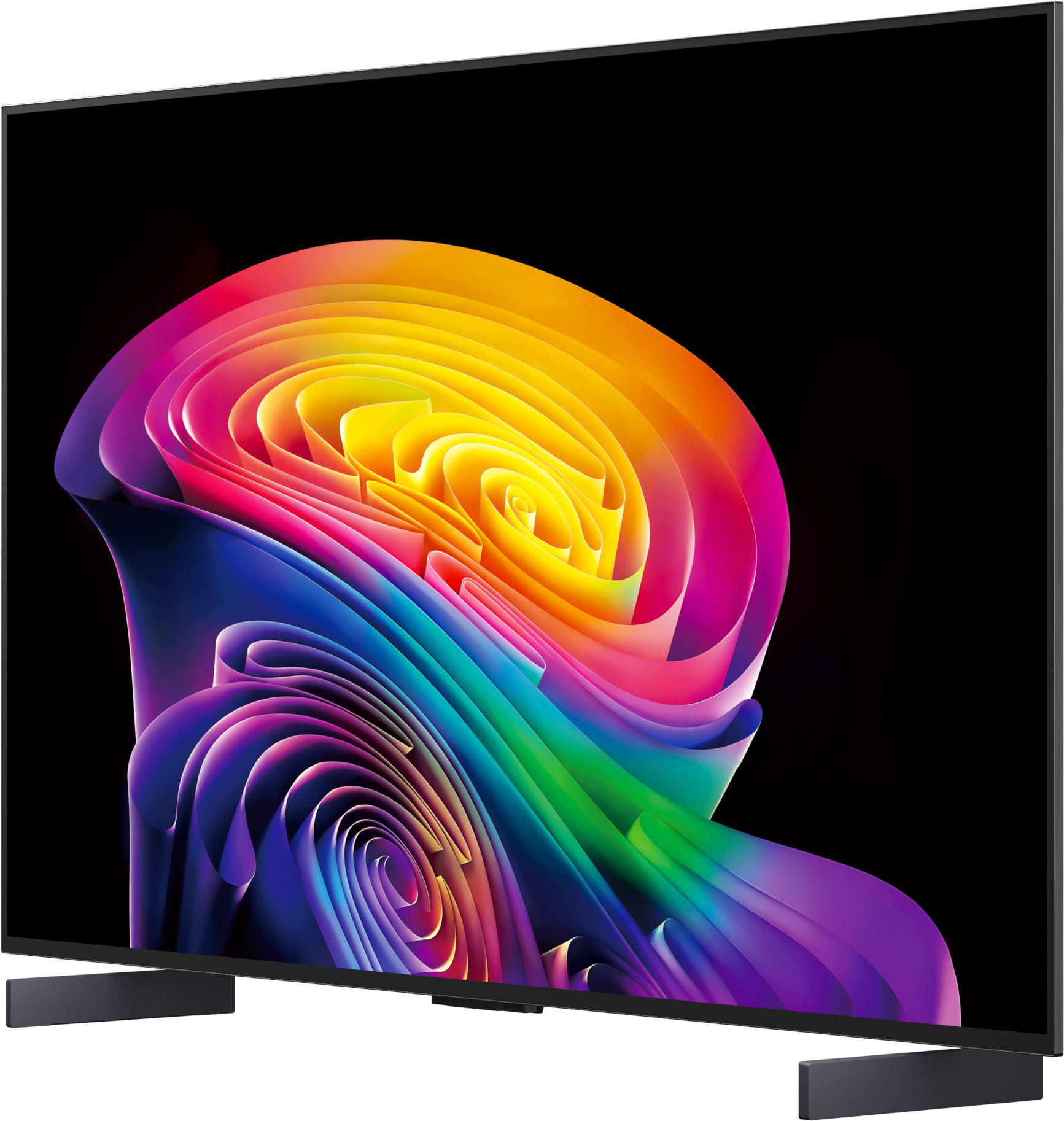 Ein moderner Fernseher mit einem bunten, abstrakten Bild auf dem Bildschirm.