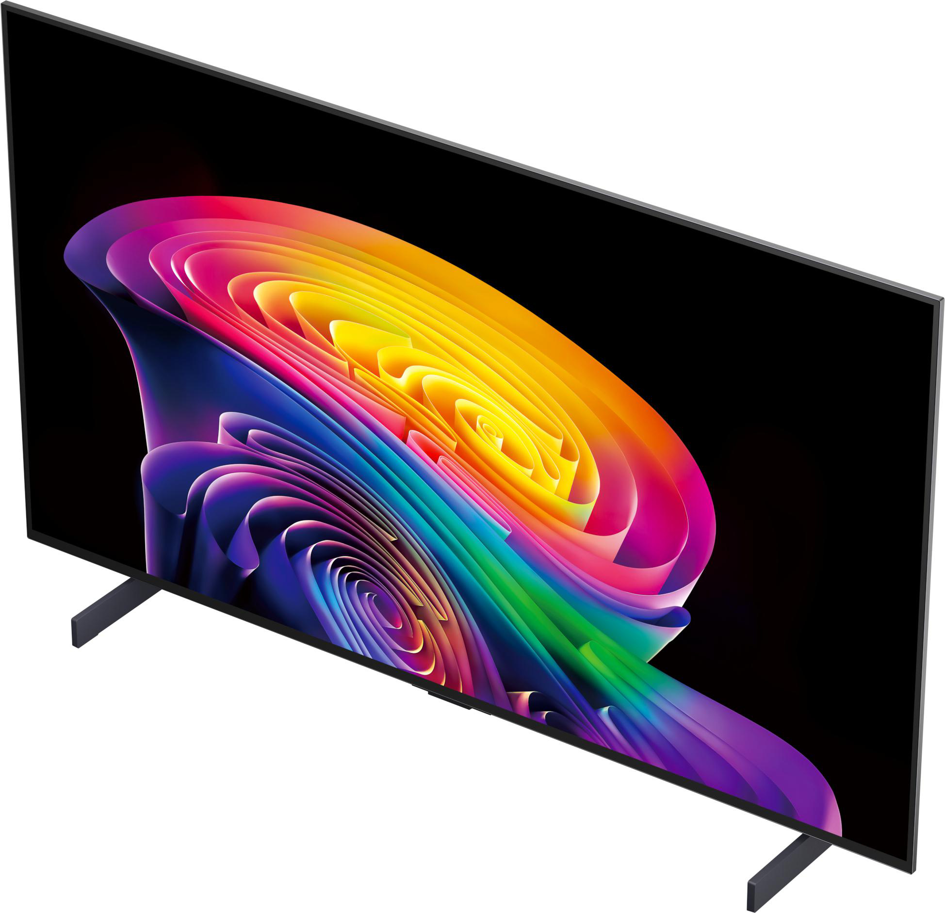 Ein moderner Fernseher mit einem bunten, wirbelnden abstrakten Muster auf dem schwarzen Bildschirm.
