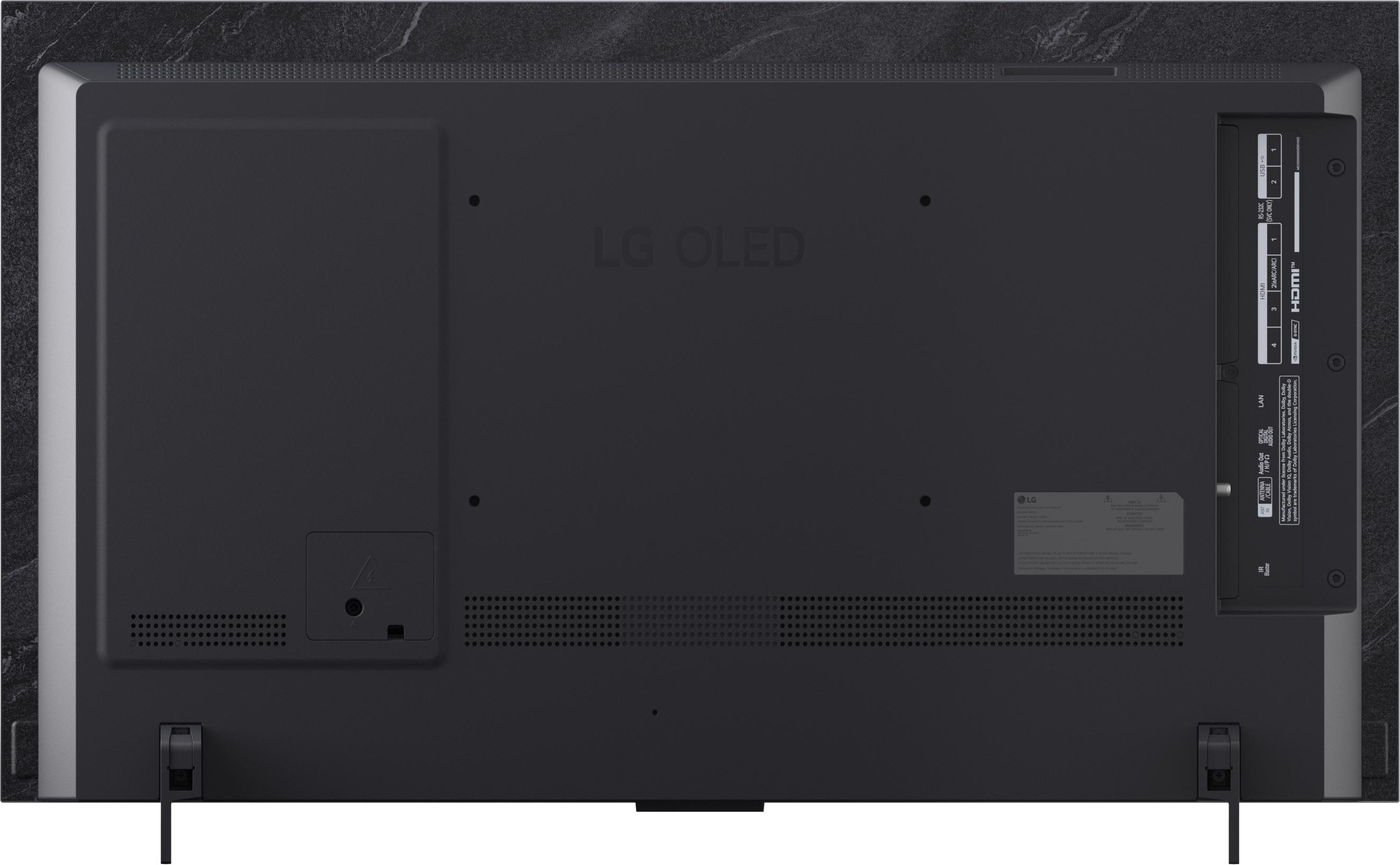 Rückseite eines schwarzen LG OLED Fernsehers mit Anschlüssen und Lüftungsschlitzen.