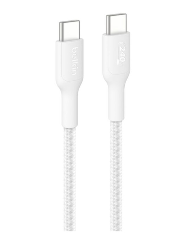 Kumaş örgülü, gümüş konnektörlü iki beyaz USB-C kablosu.