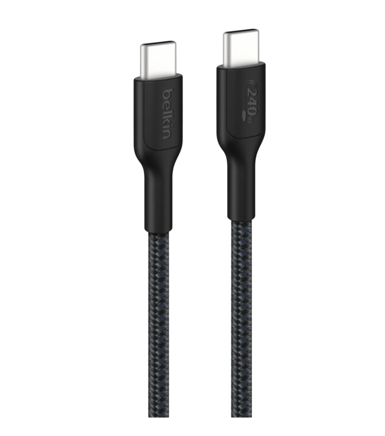 Yan yana duran örgülü tasarımlı iki siyah USB-C kablosu.