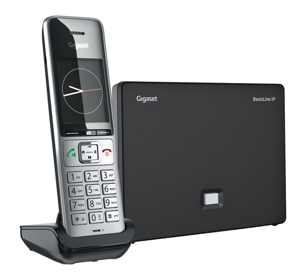 Srebrny telefon Gigaset z klawiaturą i stacją bazową na czarnym tle.