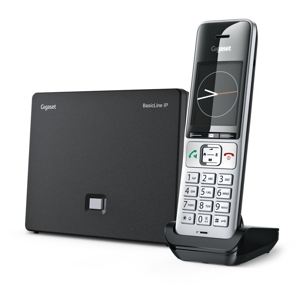Czarny telefon bezprzewodowy Gigaset BasicLine IP ze stacją bazową.