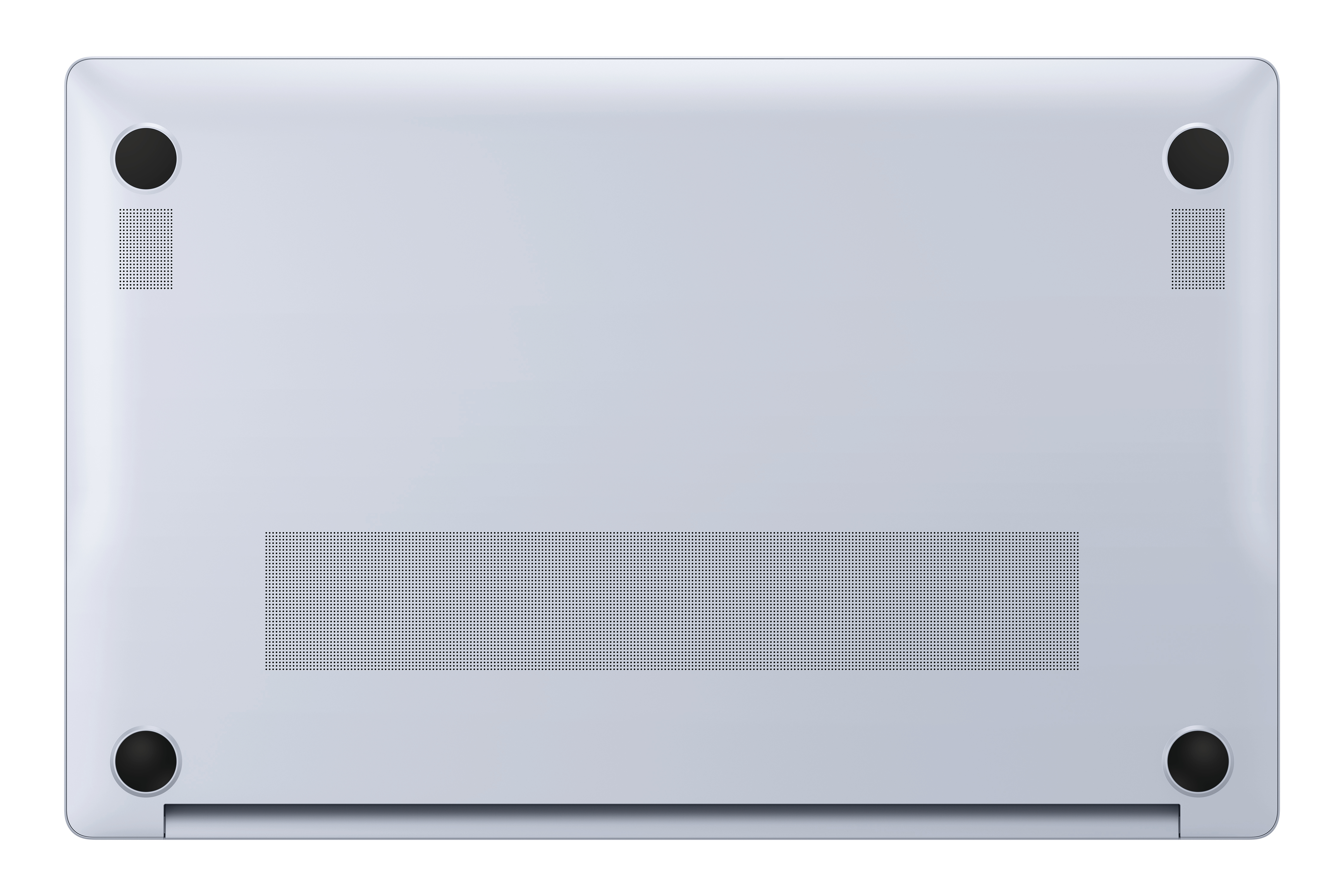 Rückseite eines hellgrauen Laptops mit vier schwarzen Gummifüßen und Lüftungsschlitzen.