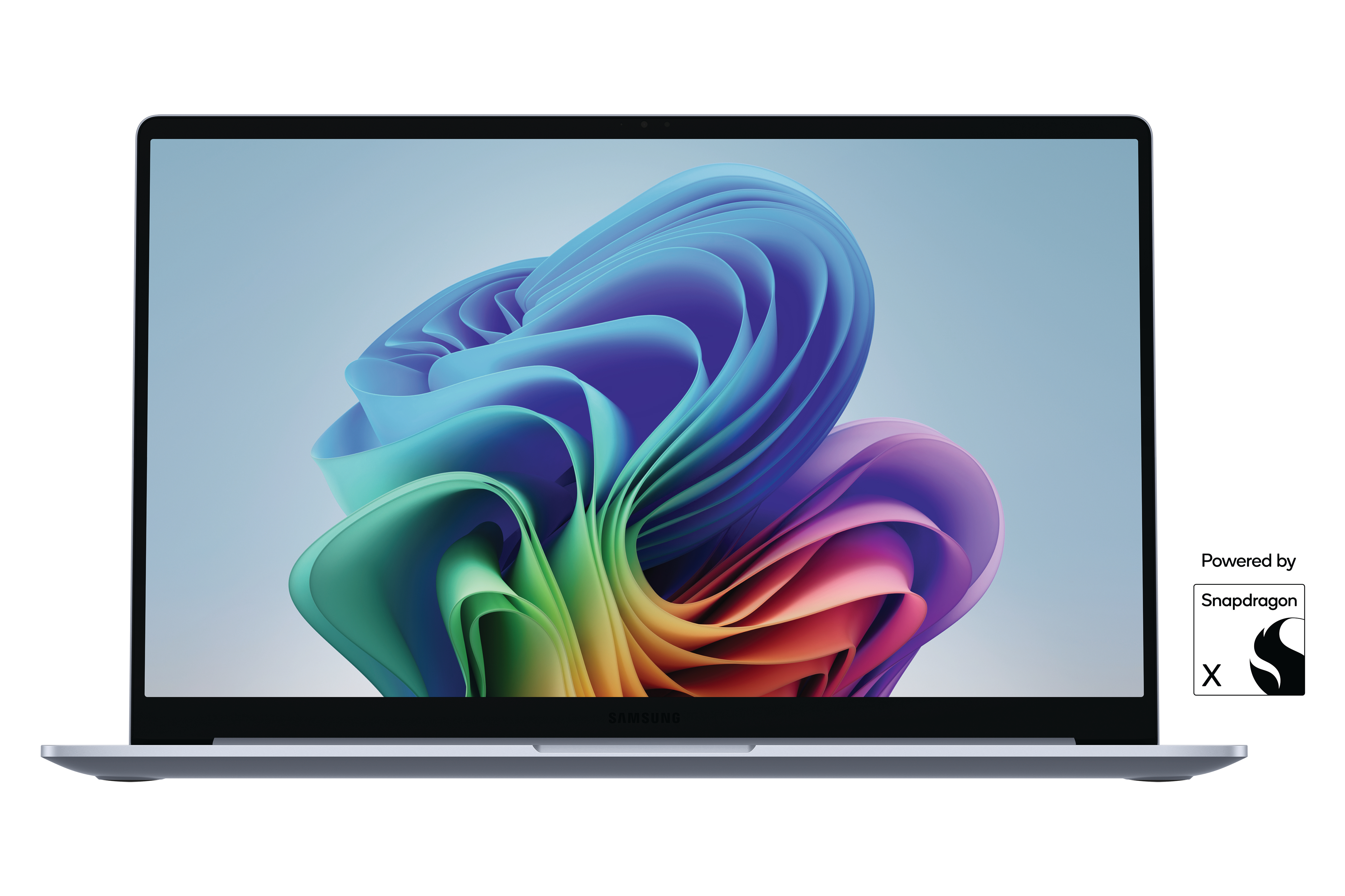 Ein Laptop mit einem bunten, abstrakten Hintergrundbild und einem Snapdragon-Logo.