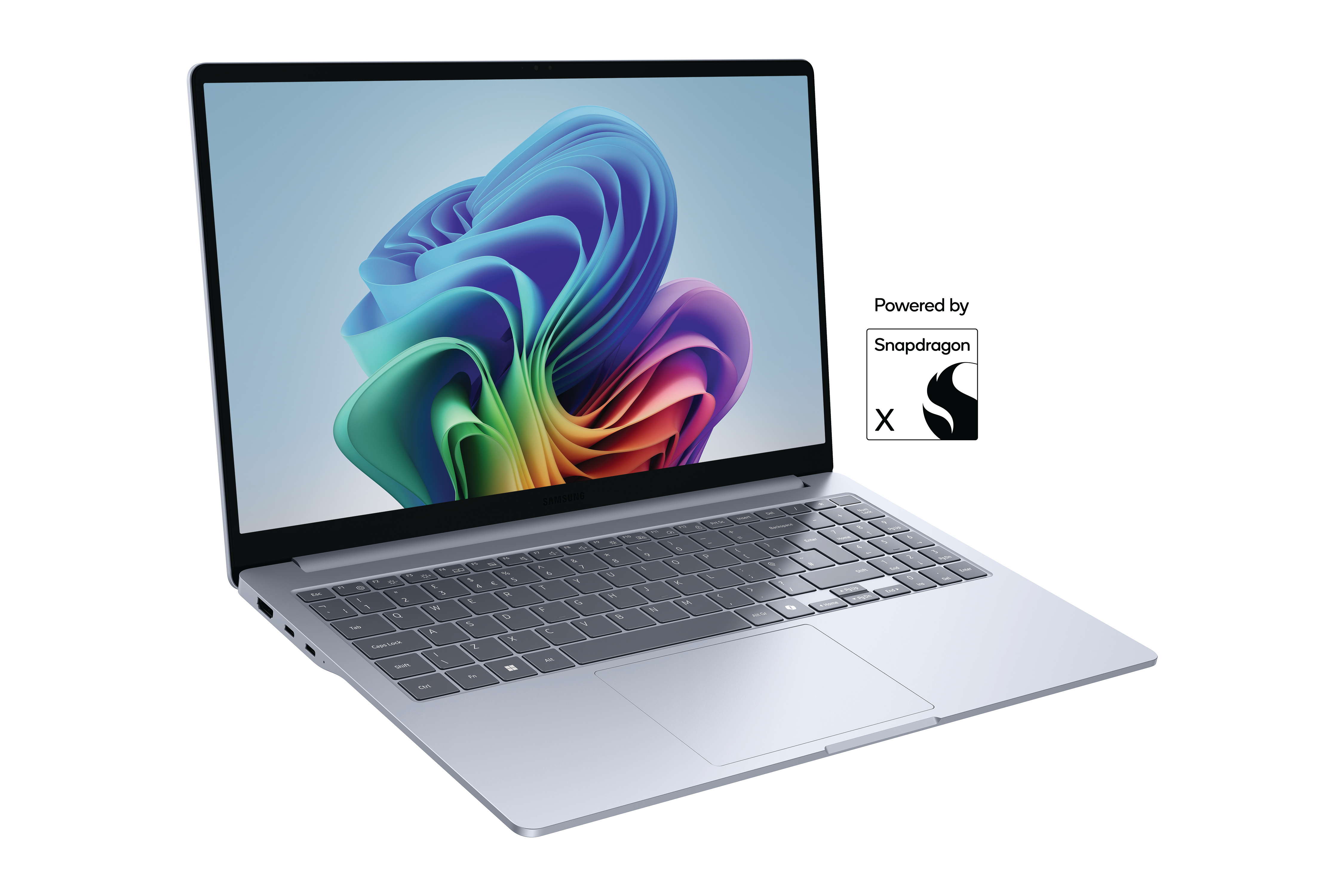 Ein hellgraues Samsung-Notebook mit Snapdragon-Logo. Tastatur und Bildschirm sind sichtbar.