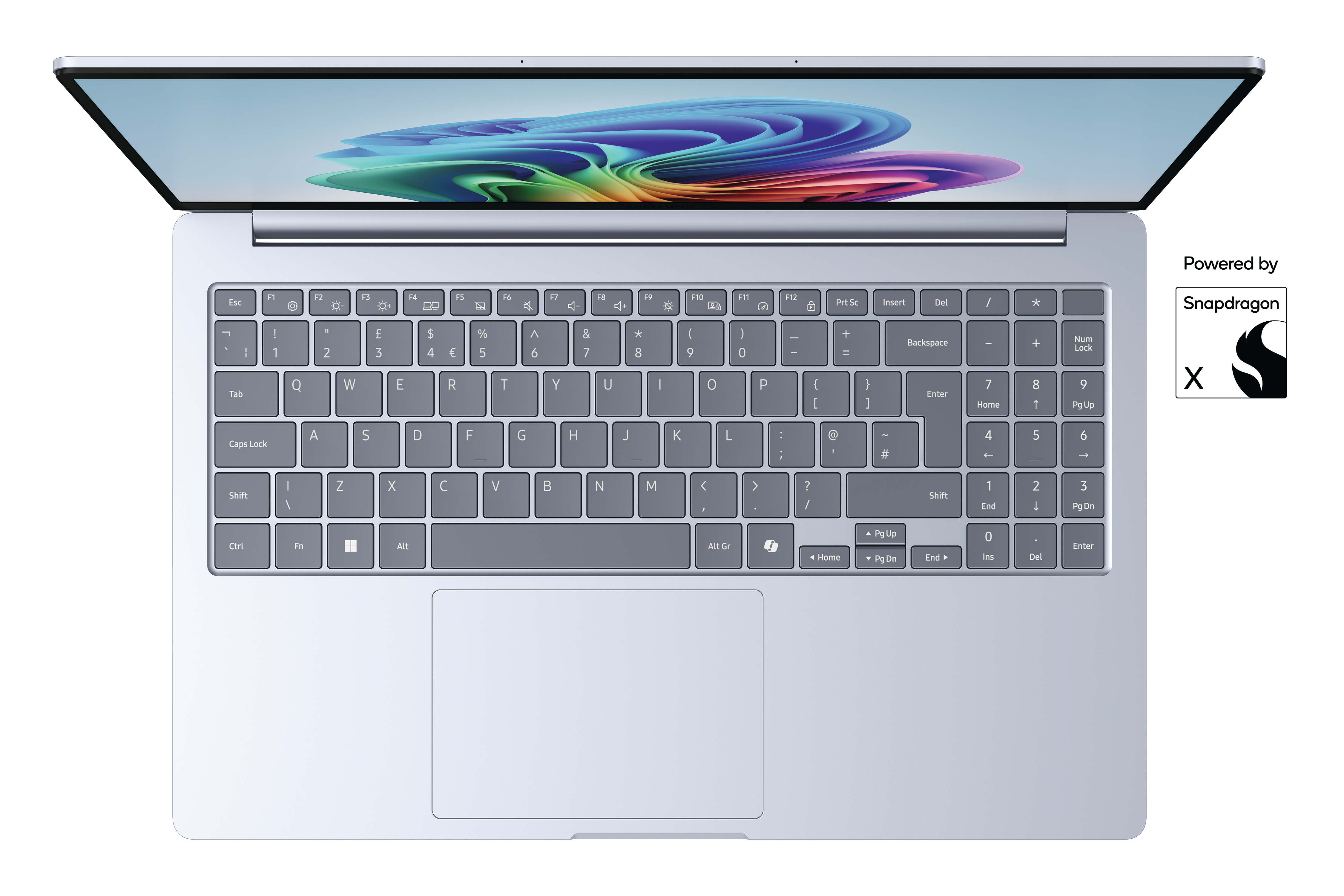 Ein hellblaues Laptop mit geöffnetem Bildschirm, der ein abstraktes Bild zeigt.