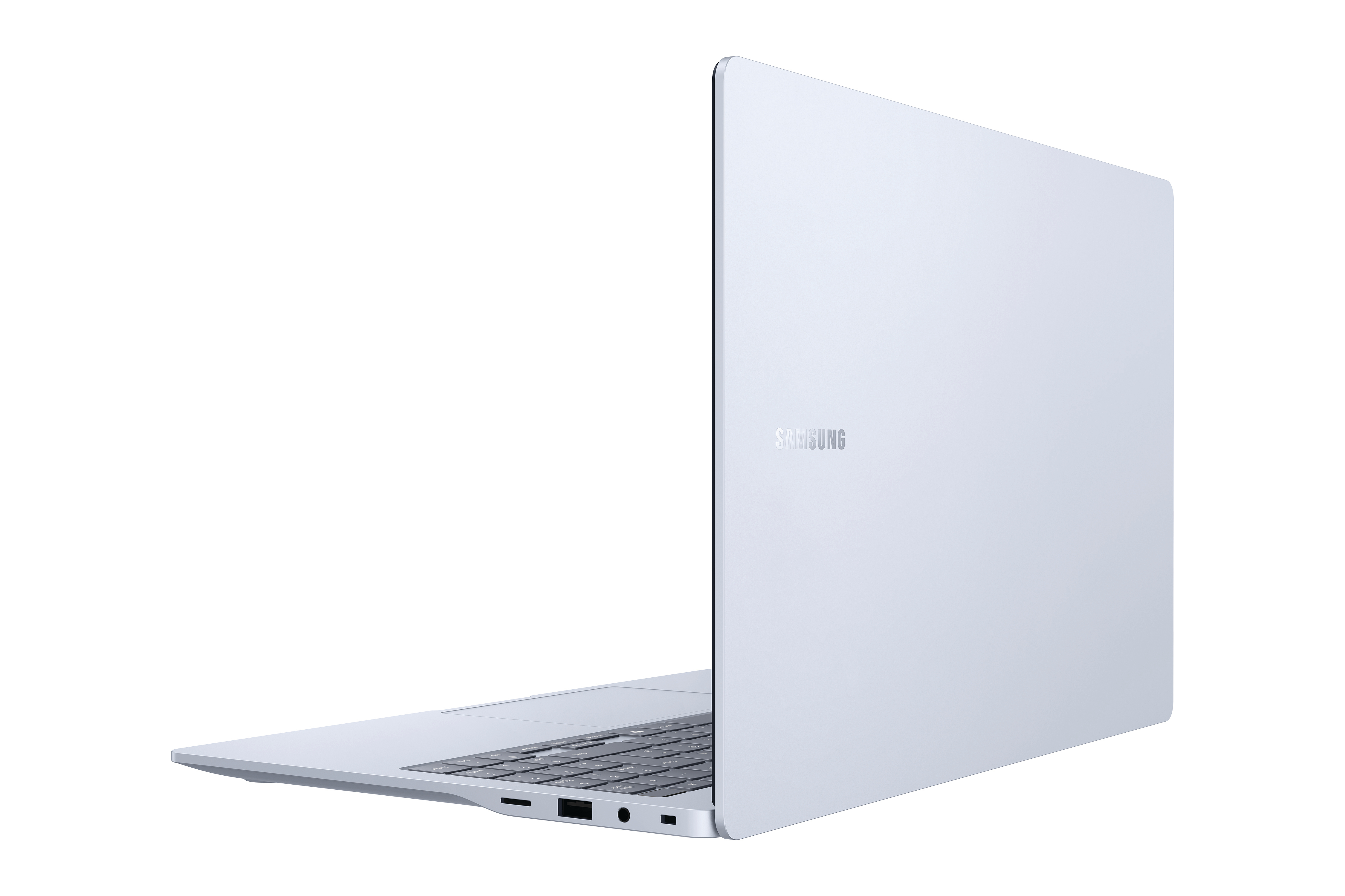 Ein aufgeklappter silberner Samsung Laptop mit Tastatur und Anschlüssen.