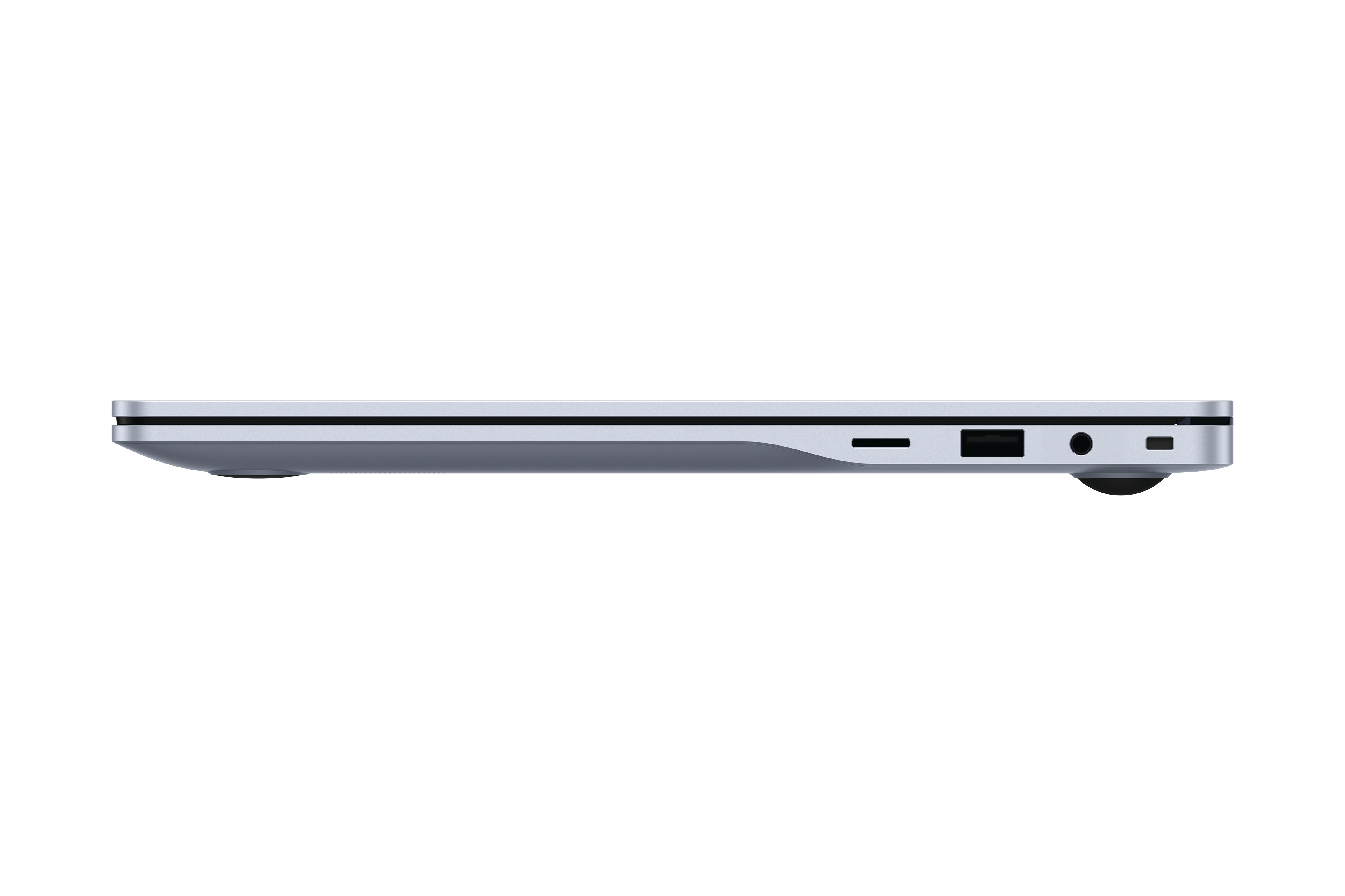 Seitenansicht eines schlanken, hellblauen Laptops mit USB- und Audioanschlüssen.