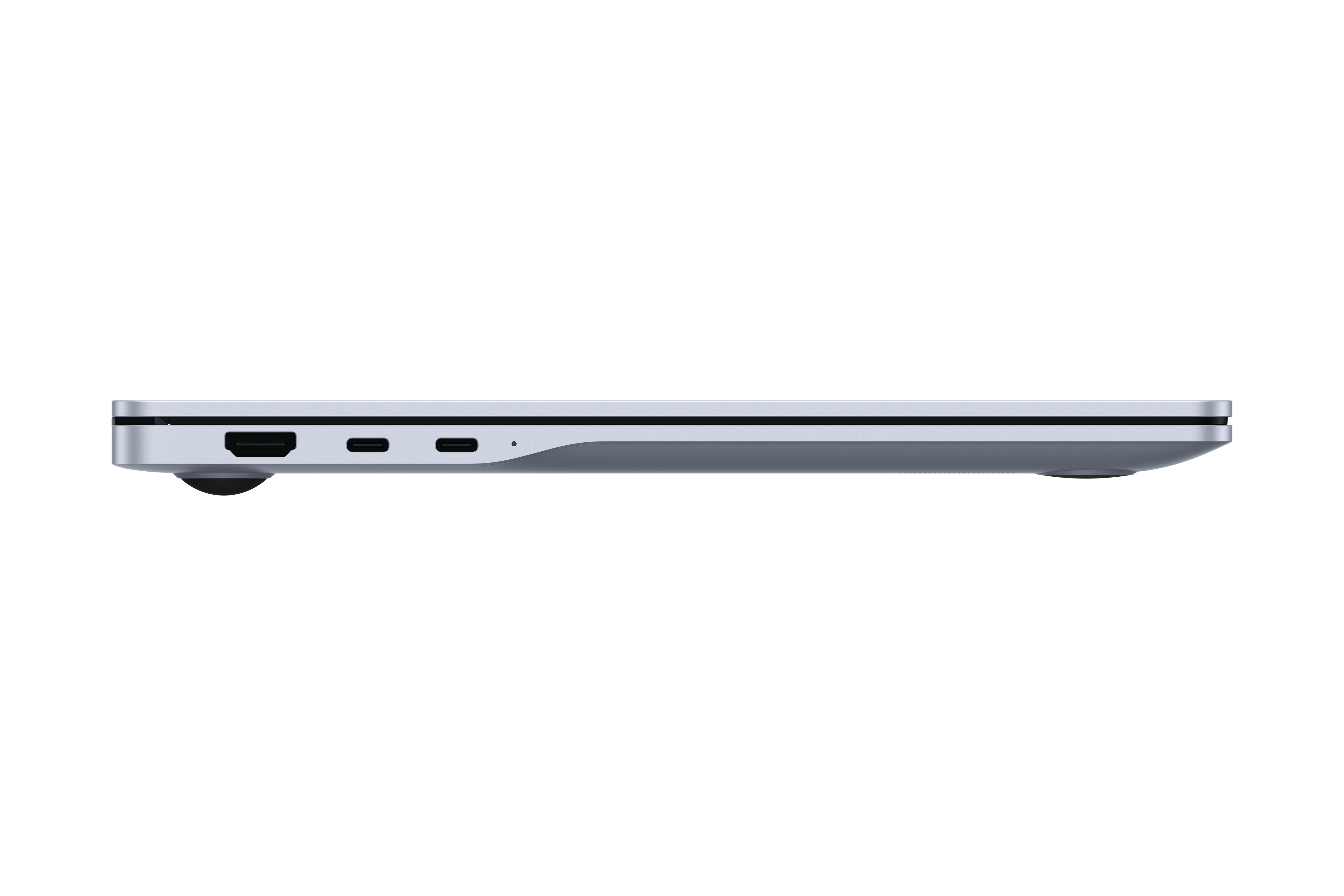Silberner Laptop mit Anschlüssen: HDMI, USB-C, und ein kleines Loch.