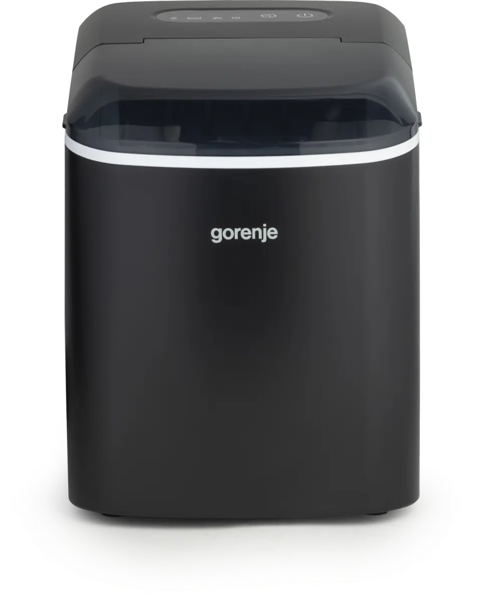 Fekete Gorenje jégkockakészítő átlátszó tetővel és vezérlőgombokkal.