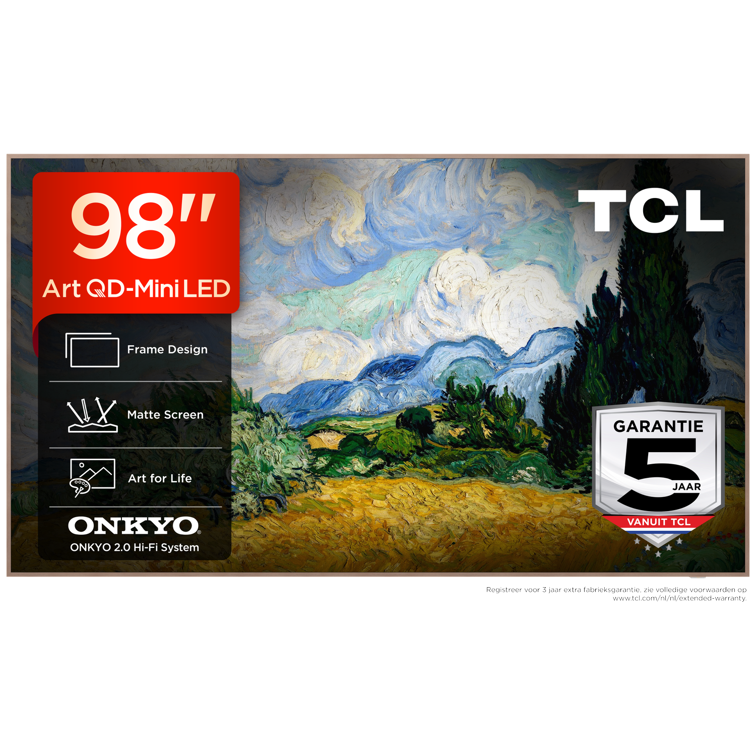 TCL 98-inch Art QD-Mini LED TV with Van Gogh painting, Onkyo sound, and 5-year warranty.