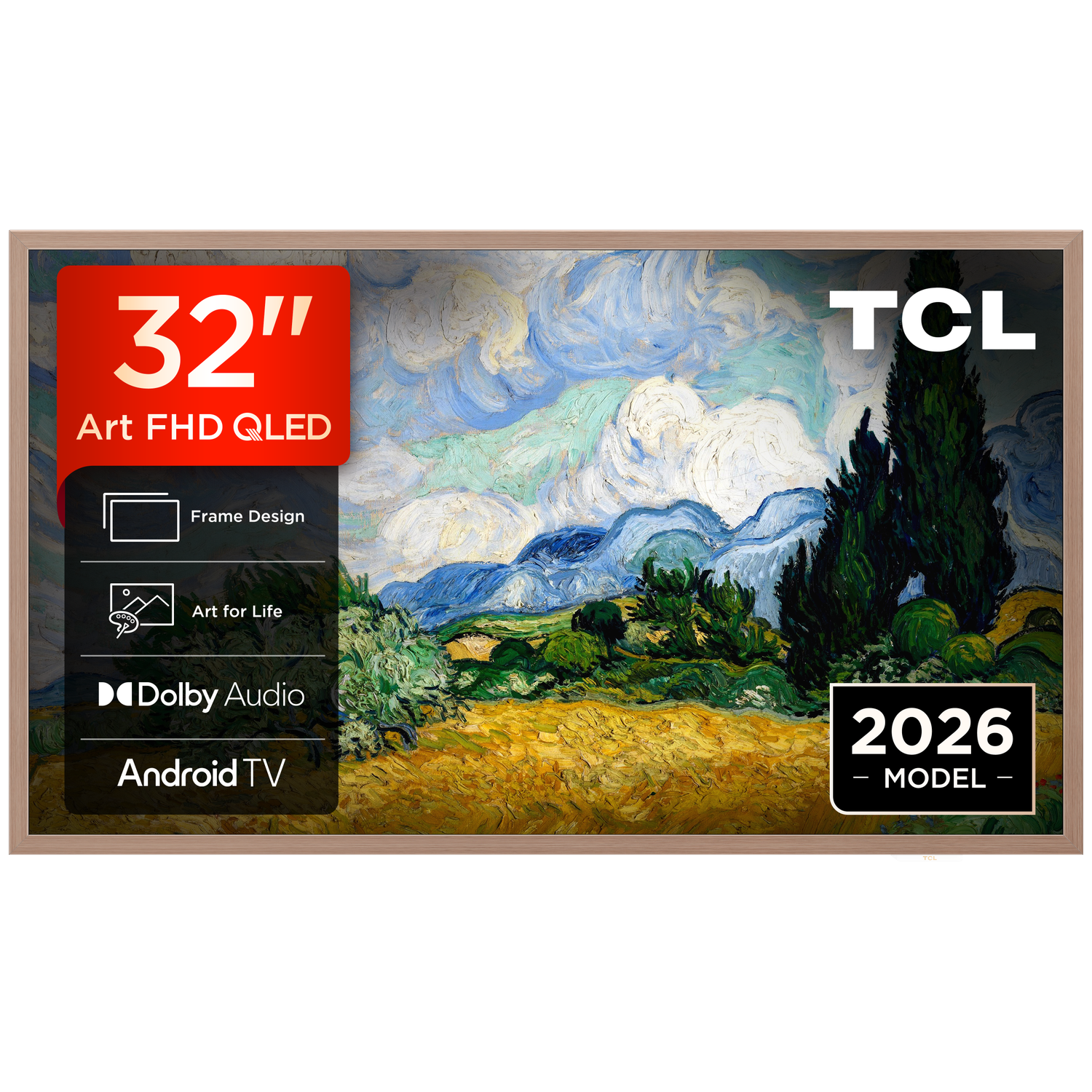 A 32-inch TCL TV displaying a Van Gogh painting with Dolby Audio.