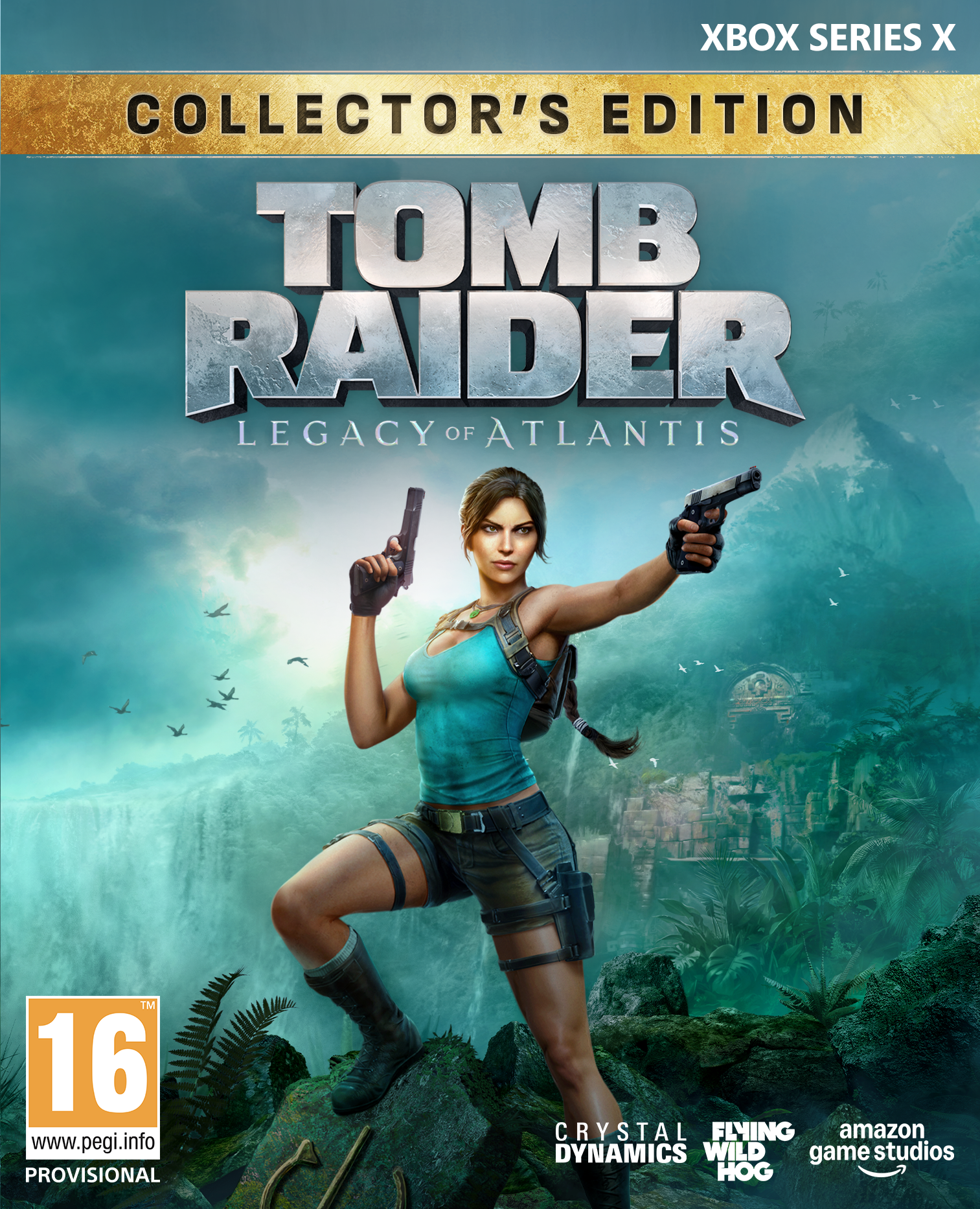 Lara Croft hält zwei Pistolen, mit Wasserfällen und Ruinen im Hintergrund.