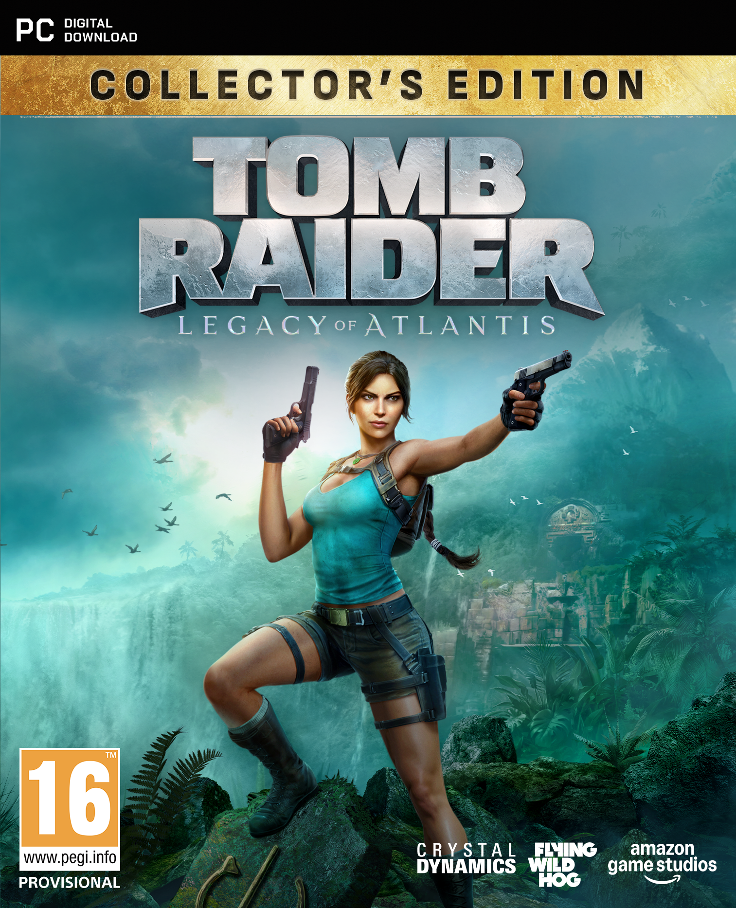 Lara Croft mit zwei Pistolen vor einer Schlucht mit Wasserfall und Ruinen.