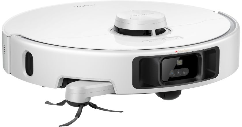 Un robot aspirapolvere bianco con telecamere e spazzole rotanti su sfondo bianco.