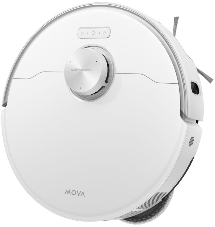 Un robot aspirapolvere bianco con sensore di navigazione argentato e logo MOVA.