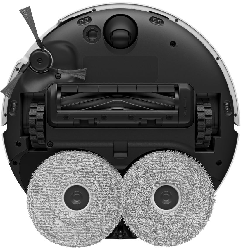 Parte inferiore di un robot aspirapolvere bianco con due mop rotanti, spazzole e ruote.