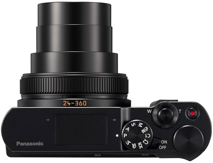 Fekete Panasonic kamera 24-360mm zoom objektívvel. Módválasztó tárcsa felül.