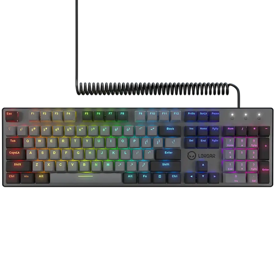 Szürke mechanikus billentyűzet RGB világítással és spirálkábellel.