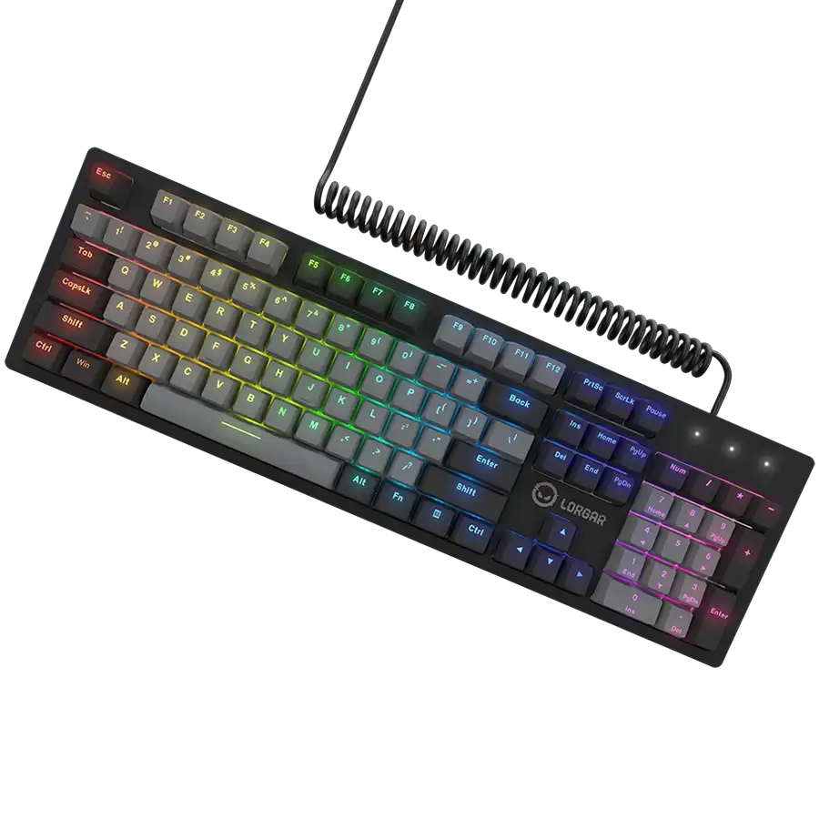 Egy fekete LORGAR billentyűzet RGB világítással a gombokon.