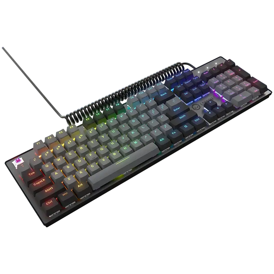 Mechanikus billentyűzet RGB világítással és spirálkábellel fekete háttéren.
