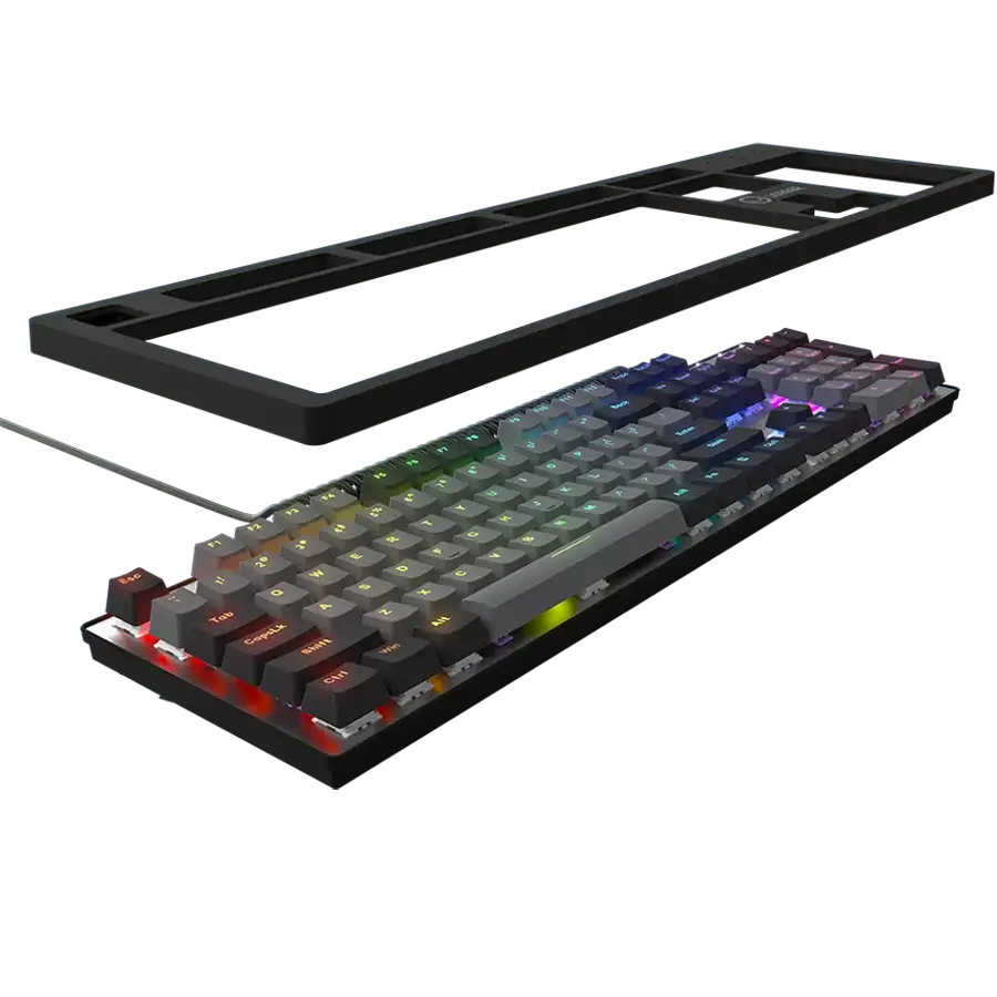 Háttérvilágítású gamer billentyűzet különálló kerettel, fekete háttér előtt.