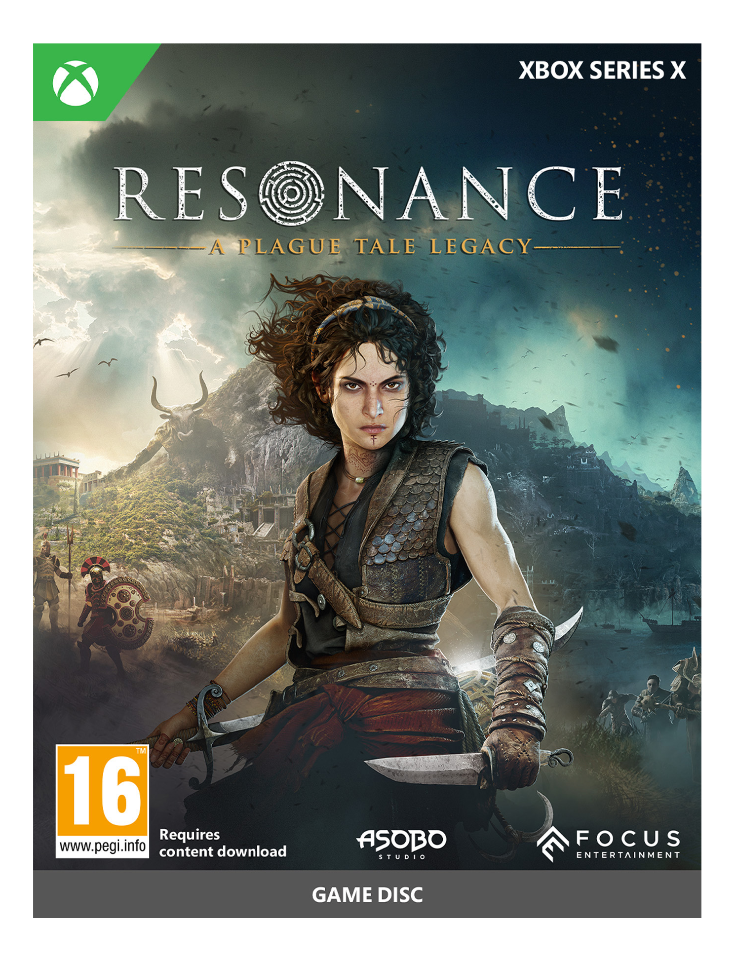 Copertina gioco Xbox Series X. Donna con spada, creatura mitologica e città antica.