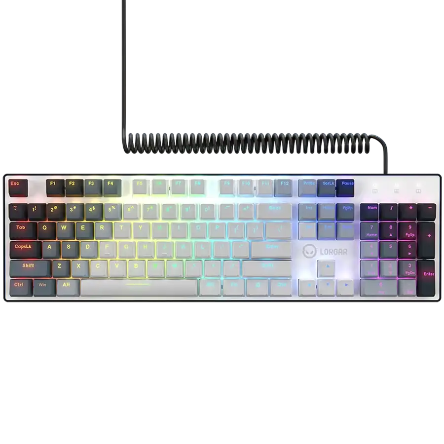 Egy fehér LORGAR billentyűzet RGB világítással és spirálkábellel.
