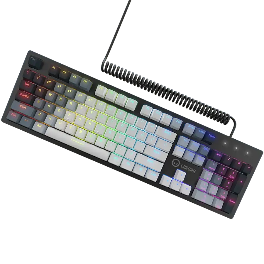 Egy Lorgar billentyűzet RGB világítással és spirálkábellel fekete háttéren.