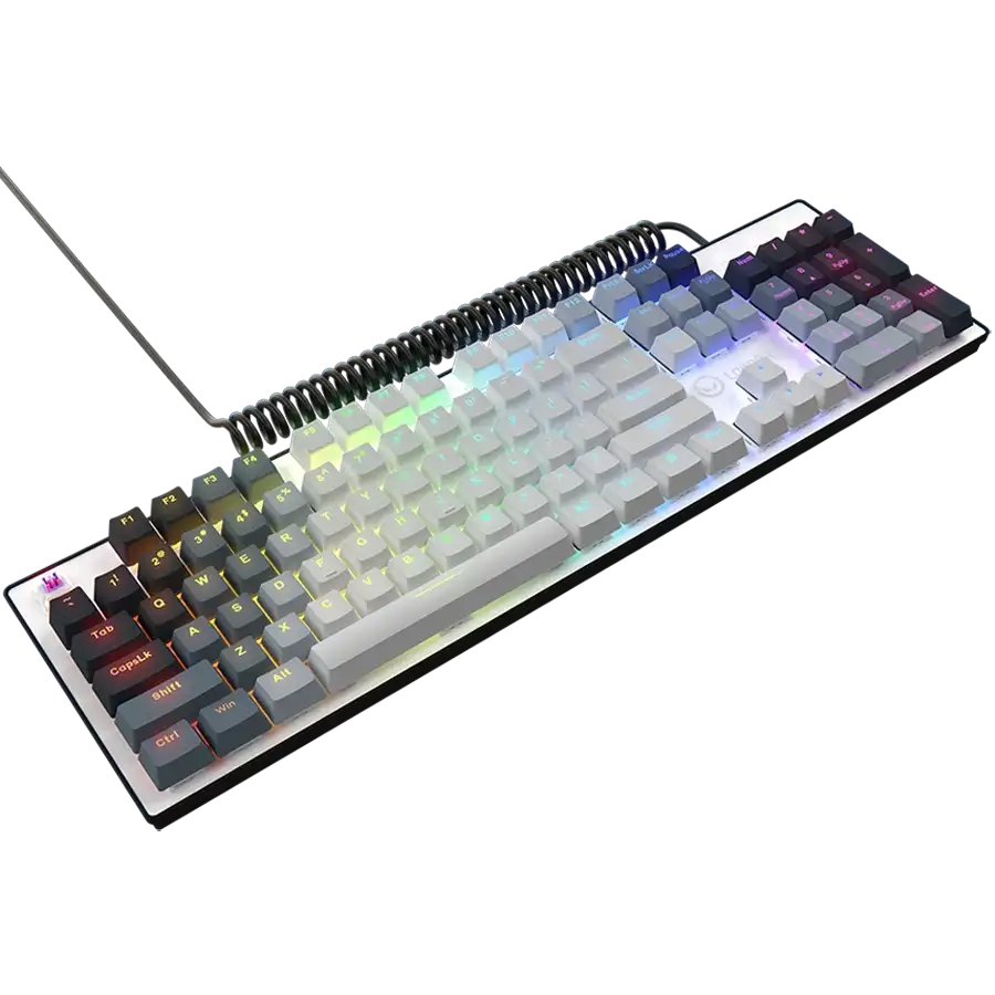 Fehér billentyűzet RGB világítással fekete háttéren.