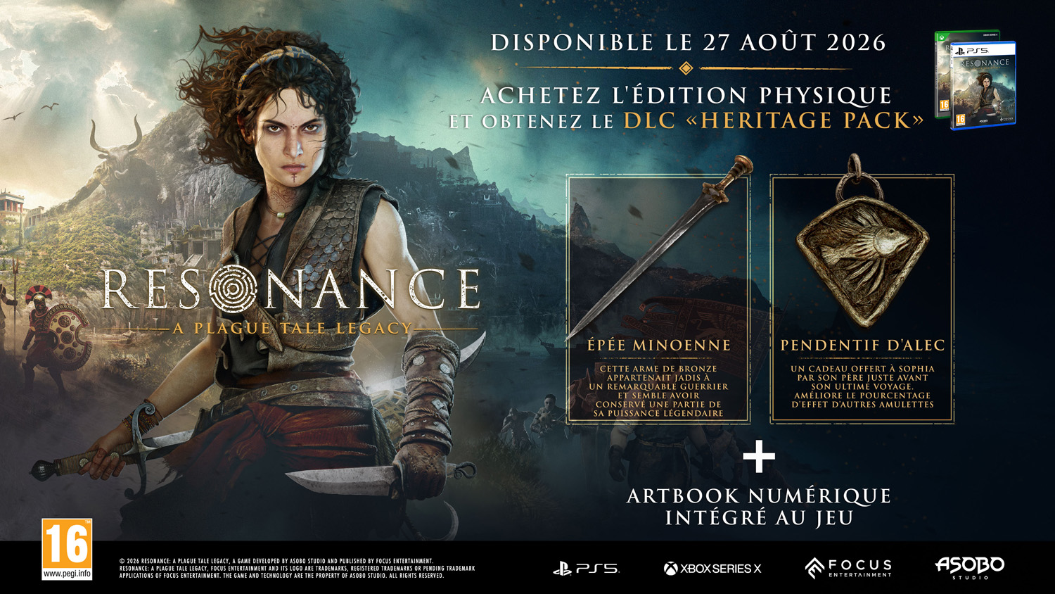 Personaggio con spada e amuleto, copertina del gioco e testo. Disponibile 27 agosto 2026.