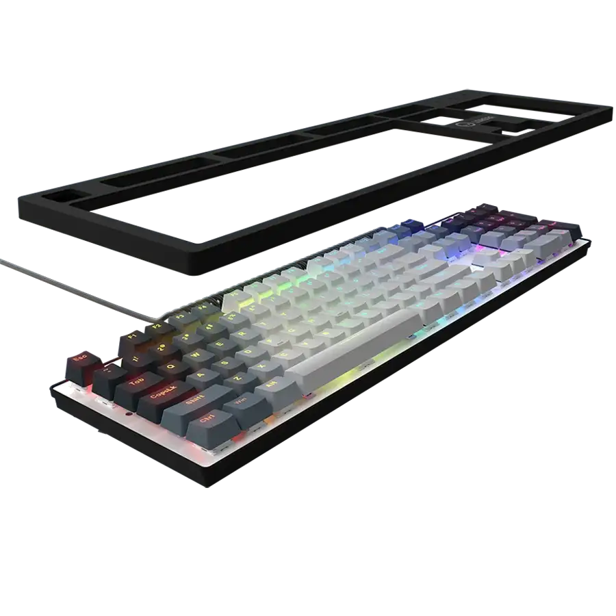 RGB világítású billentyűzet levehető felső kerettel fekete háttéren.