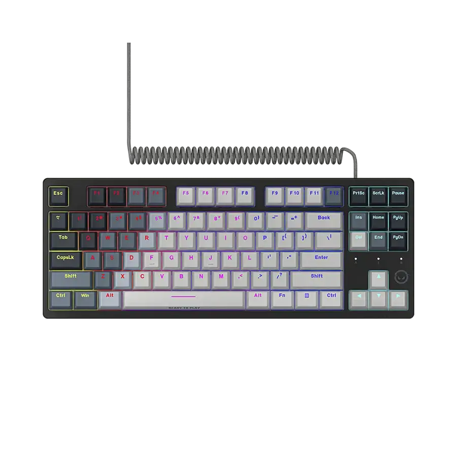 Fekete mechanikus billentyűzet fehér és színes RGB világítással, spirálkábellel.
