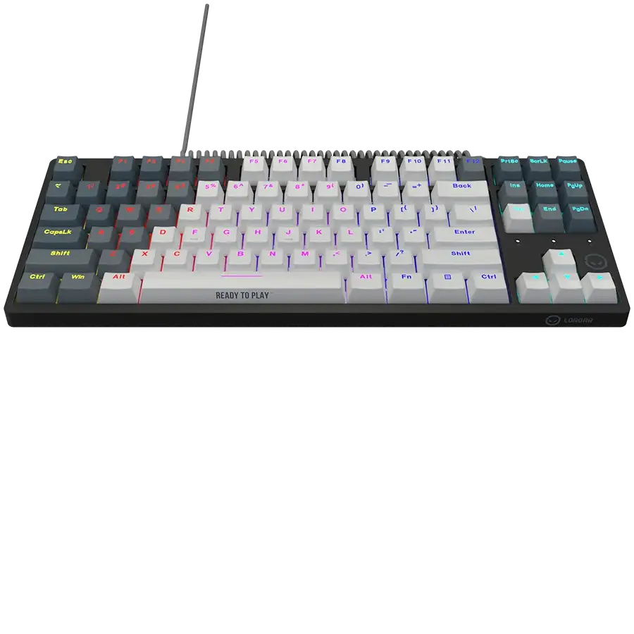 Fekete mechanikus billentyűzet RGB világítással és fehér, szürke, piros billentyűsapkákkal.