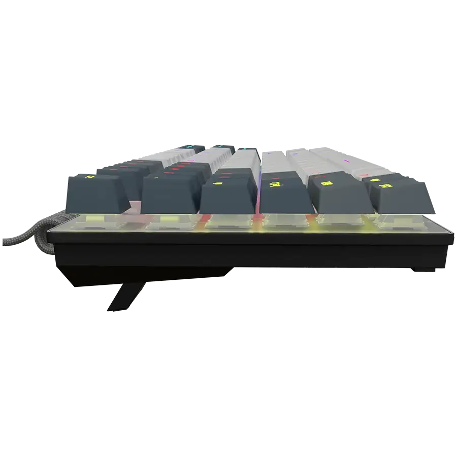 Egy fekete mechanikus billentyűzet oldalnézete, szürke és fehér gombokkal, RGB világítással.