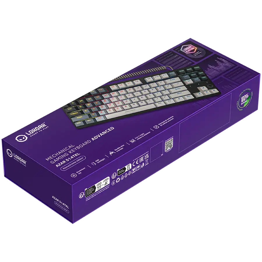Lorgar Gaming Billentyűzet AZAR 514TKL, monokróm, mechanikus, RGB háttérvilágítás.