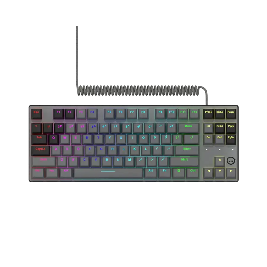 Szürke billentyűzet RGB világítással és spirálkábel fekete háttéren.
