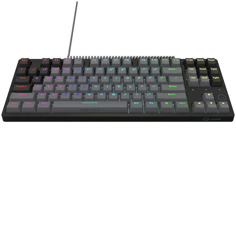 Szürke mechanikus billentyűzet RGB háttérvilágítással és fekete házzal.