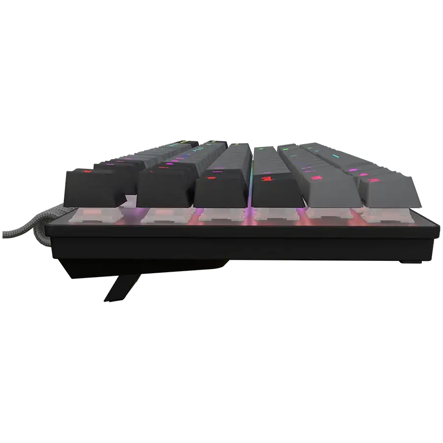 Kompakt mechanikus billentyűzet sötétszürke és világosszürke gombokkal, RGB világítással.